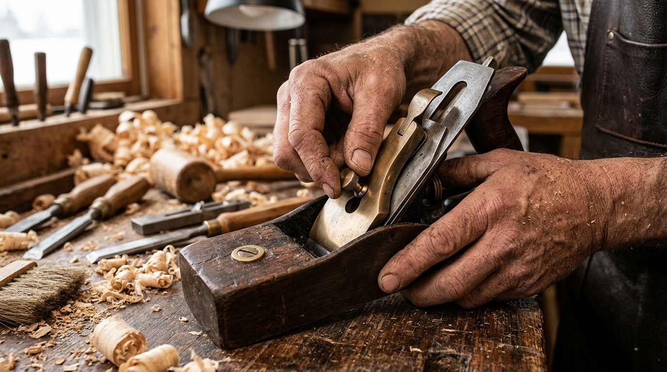 Craftsman tuning chipbreaker on wooden hand plane