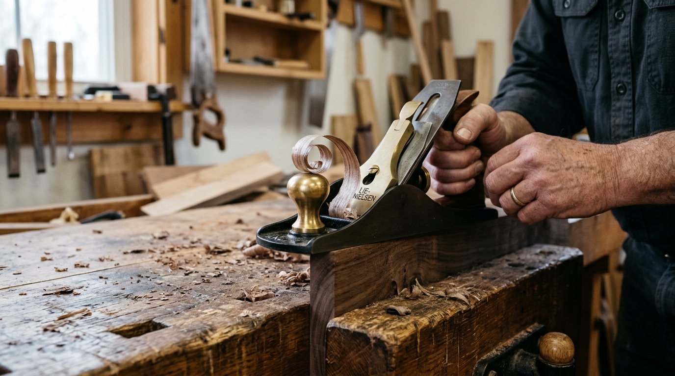 Hand plane pulling a curly translucent shaving of walnut wood on workbench
