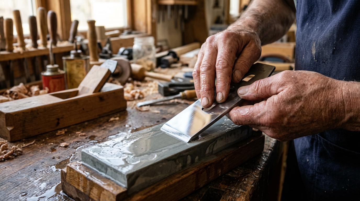 Hands honing a plane iron on waterstone